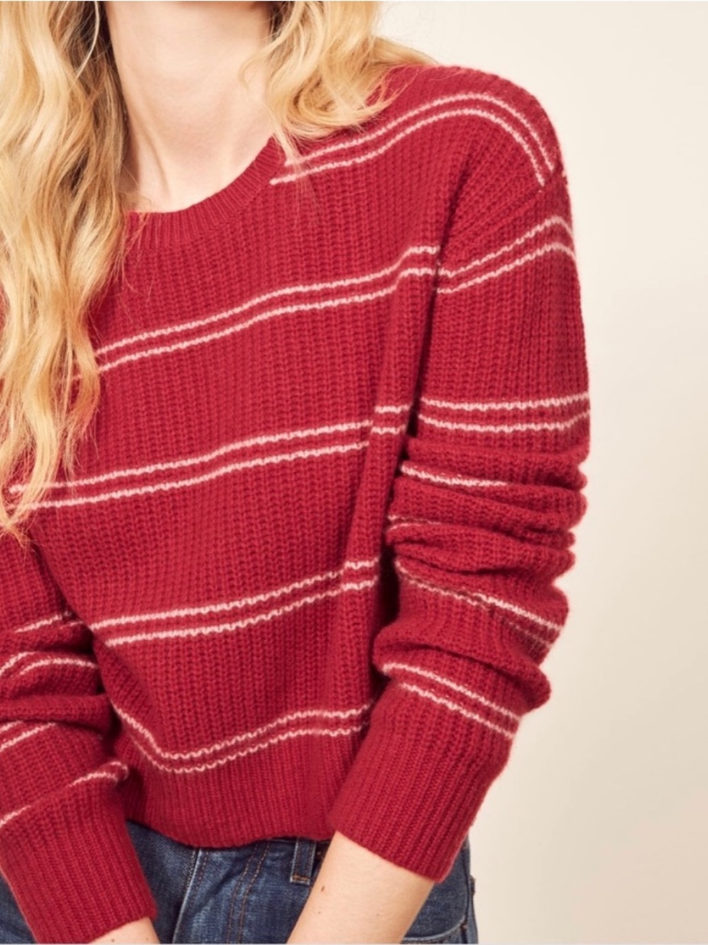 Reformation Kaia Cashmere Red and White Cropped Sweater Relaxed Fit Size XS